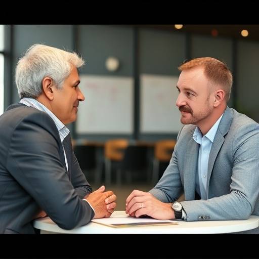 Un coach e un cliente che discutono di obiettivi e strategie, seduti a un tavolo in un ambiente professionale.