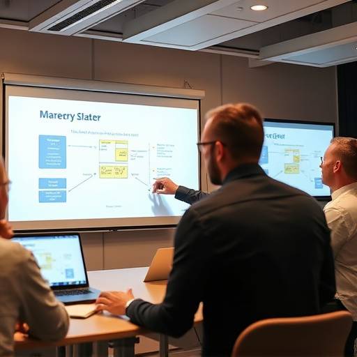 Un gruppo di persone che partecipano a un workshop interattivo, con un formatore che spiega un concetto chiave.