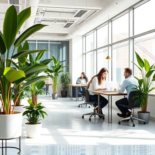 Una stanza d'ufficio moderna e luminosa, con piante e persone che collaborano su un progetto.